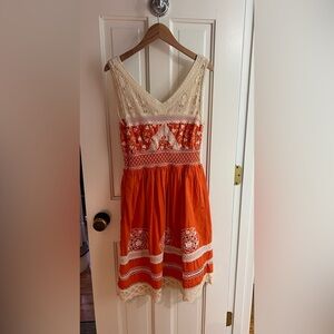 ANTHROPOLOGIE Moulinette Soeurs Orange Cream Crochet Dress Smocked Waist Pockets